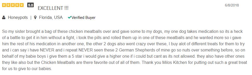 review from a PetFlow customer who buys Milo's Kitchen for their picky German Shepherds