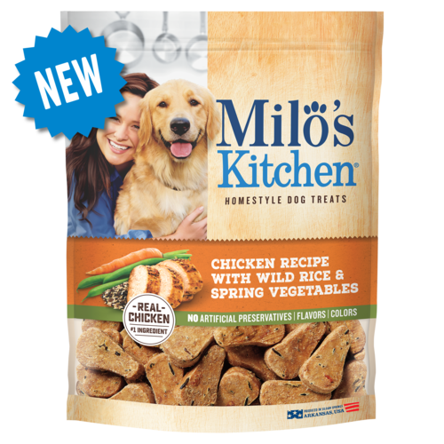 new milo's kitchen treats - chicken recipe with wild rice and spring vegetables