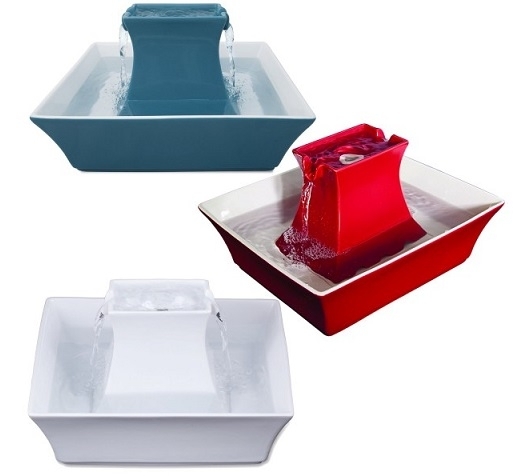 Three Pagoda water fountains for pets, one blue, one white and one red